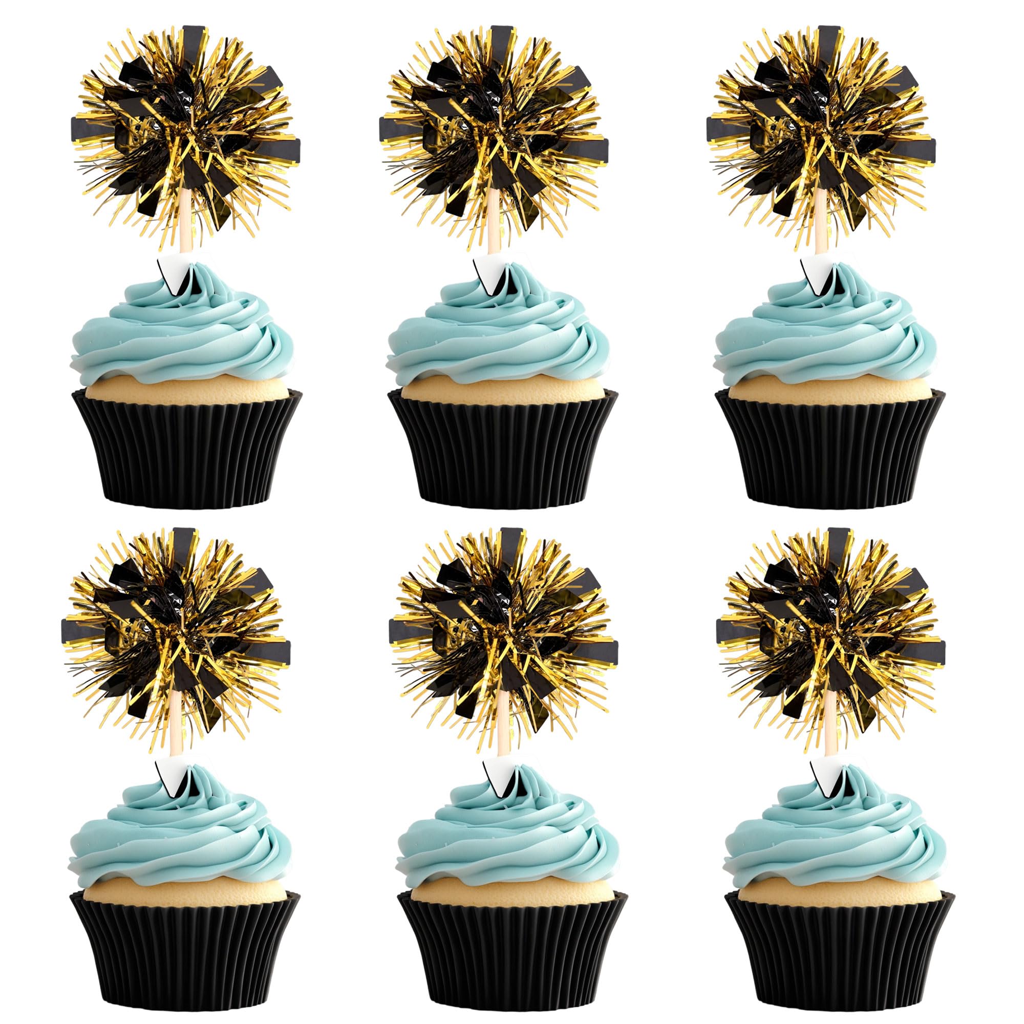 Photo 1 of 30 PCS Foil Firework Cupcake Toppers Sparkle Tinsel Cake Toppers Happy Birthday Cake Decorations Tinsel Drink Cocktail Picks for Fireworks Theme Birthday Wedding Graduation Party Supplies Black Gold