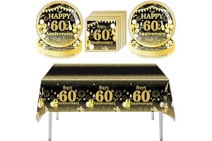 41pcs 60th Anniversary Party Plates Napkins Tableware Tablecloth Set, Black and Gold Sixty Years Old Wedding Anniversary Disp