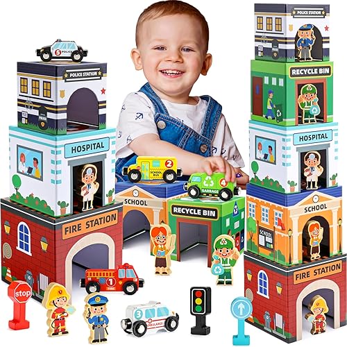 Naxudcoo Toddler Sorting and Stacking Toys: Preschool Learning Montessori Toys for 1 2 3 Year Old Boys Girls, Baby Blocks Nesting Boxes with Magnetic Wooden Cars, Gifts for 1 2 3 Year Old Boy Girl