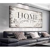 Home Sweet Home Wall Art Dark Brown Rustic Farmhouse Canvas Sign, 20"x40" | Large Wooden Board Design Prints Modern Artwork Leaf Pictures for Living Room Wall Decoration