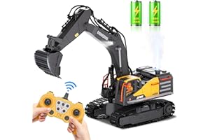 SHOMOTE RC Excavator Toy for Boys -11CH Remote Control Excavator with Metal Shovel, Lights, Sound & Spray, 2×600mAh Rechargeable, 2.4Ghz RC Construction Vehicle, Digger Toys for Boys 3-5 4-7 8-12