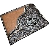 Western Stakes Men’s Short Leather Wallet – Floral Tooled Brown with Light Brown Accents – Horse and Horseshoe Concho – Made in Mexico – Western Ranch Wallet