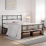 Yaheetech Metal Double Platform Bed 4ft6 Bed Frame with Scroll Headboard Black view 2