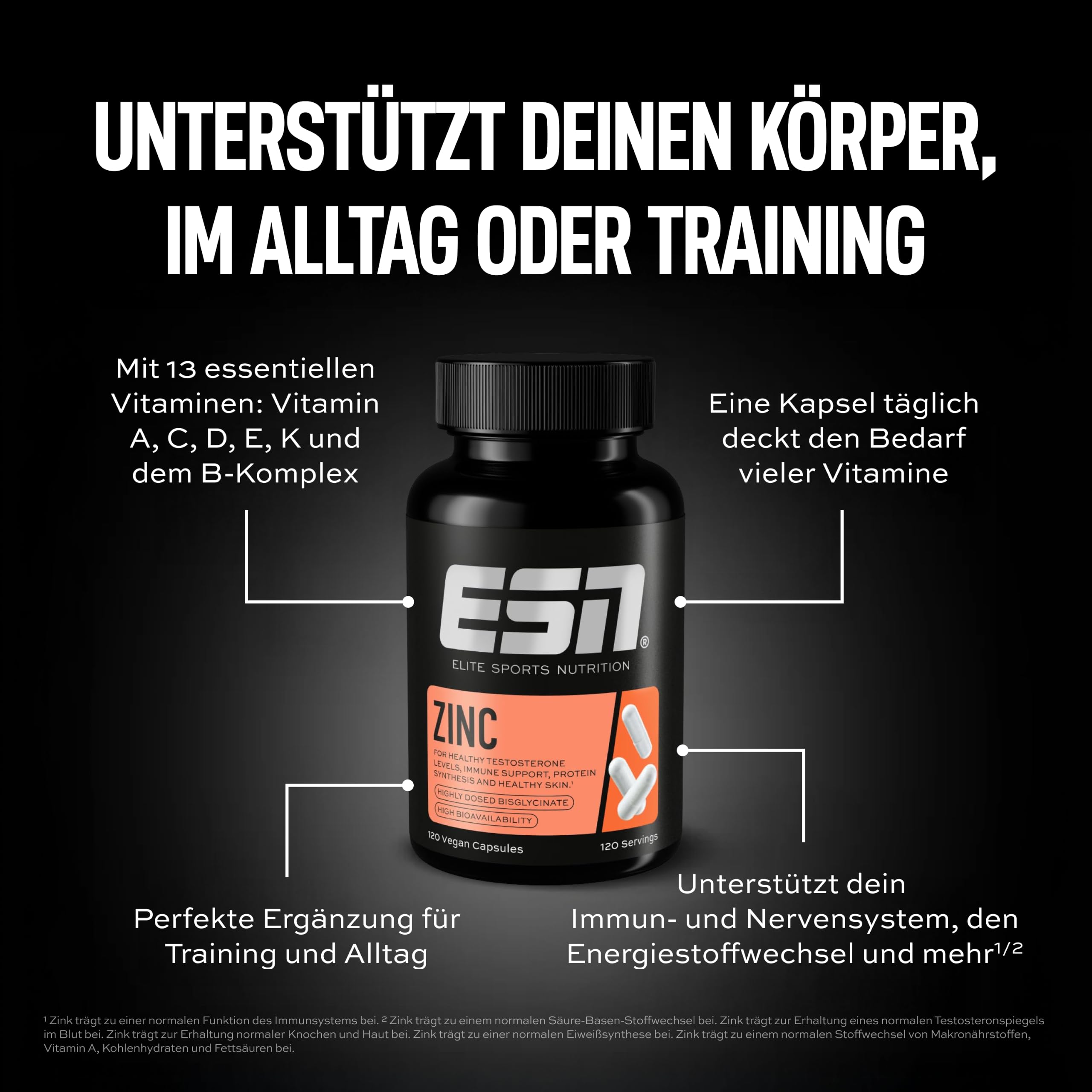ESN Zinc - hochdosiertes Nahrungsergänzungsmittel mit 25 mg Zinkbisglycinat pro Tagesportion - gute Verträglichkeit und Bioverfügbarkeit - vegan - 120 Kapseln, 120 Portionen 5