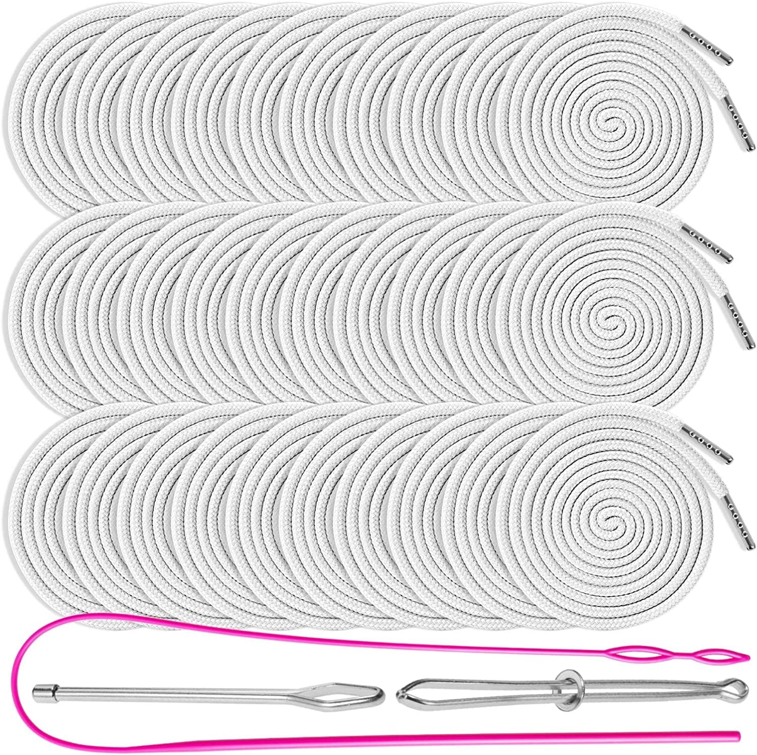 30PCS Drawstring Cords Replacement Drawstrings, 57 Inch Replacement Drawstring with 3 Pieces Draw String Threader Tool, Reusable Drawstrings for Sweatpants Shorts Pants Jackets Coats (White)