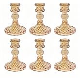 ECHFSM Glass Candlestick Holder,Striped Taper Candle Holders,Set of 6 Candle Stand for Table Centerpieces, Home Decor,Weddings,Festival and Parties (Amber Dimond Pattern)