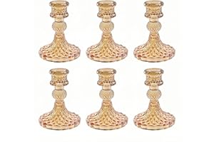 ECHFSM Glass Candlestick Holder,Striped Taper Candle Holders,Set of 6 Candle Stand for Table Centerpieces, Home Decor,Weddings,Festival and Parties (Amber Dimond Pattern)