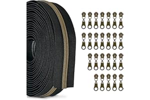 Zynzaoacs #5 Zipper by The Yard with Pulls, Continuous Black Tape (10Yds) and Rust-Proof Antique Brass Pulls (25Pcs), Bulk Zippers for Sewing Bags and Purses, Cuttable Nylon Zipper Roll