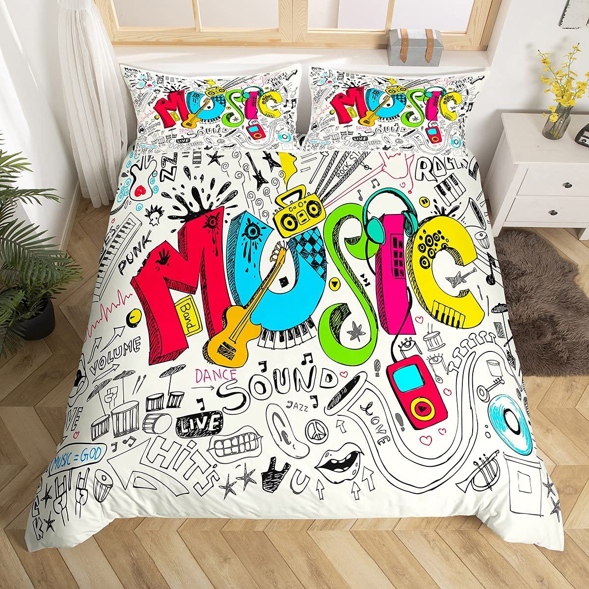 Music Duvet Cover Set Teens,Doodle Style Musical Bedding Set,Pop Art Illustration Comforter Cover For Kids Boys Girls Bedspread Quilt Cover,Decor 3 Pcs Duvet Cover King Size & Zipper Ties