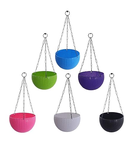 Kirow Plastic Hanging Flower Planter Round Pot with Chain Beautiful Houseplants Gamla for Garden/Balcony with Nursery Hub Baskets Decoration (Multicolor, Pack of 6)
