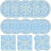 WIQEDOHA Winter Snowflake Birthday Party Supplies 96 PCS Christmas Snowflake Paper Plates and Napkins Disposable Tableware Set for Christmas Winter Wonderland Frozen-theme Party Decorations