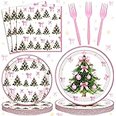 Havawish 96 Pcs Pink Christmas Tree Paper Plates and Napkins Pink Bow Christmas Party Supply Winter Baby Shower Party Decoration Coquette Bow Birthday Wedding Favor Xmas Tableware Set for 24 Guests