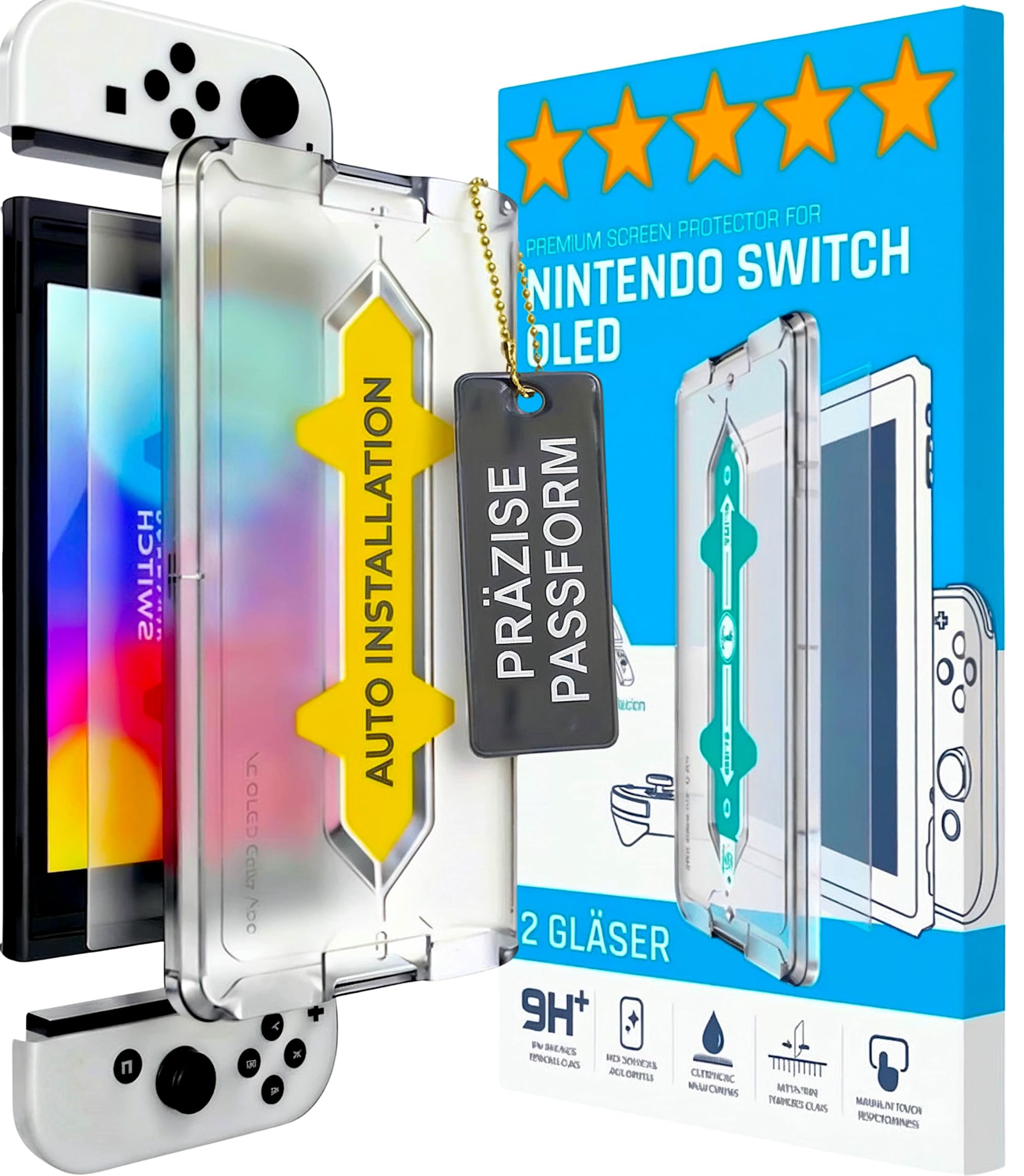 XeloTech Schutzglas für Nintendo Switch OLED mit Schablone zur Positionierung 2 Stück - Echter Dispalyschutz - Keine Folie aus Plastik - Echtes Glas - 7.0 Zoll