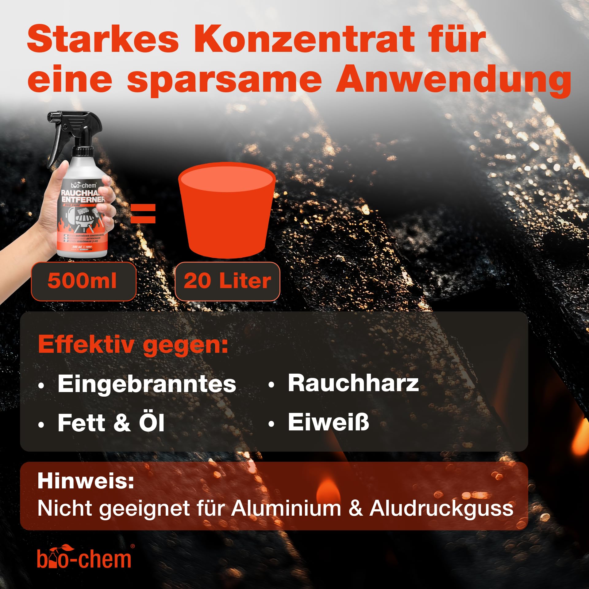 bio-chem Rauchharz-Entferner - 500 ml - Backofen- und Grillreiniger Konzentrat für Gasgrill, Edelstahl, Gusseisen u.v.m. - Extrem kraftvolle Formel gegen hartnäckige Ablagerungen - Made in DE 4