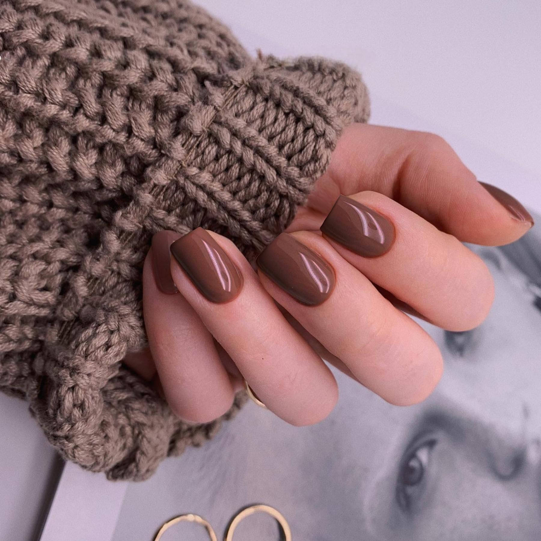 Brown Press on Nails Short Square, Short Fake Nails Glue on Short Square Nails Press ons, Soft Gel Glue on Nails Short Stick on Nails for Women Thick Reusable Solid Color Acrylic Nails 24pcs - Image 2