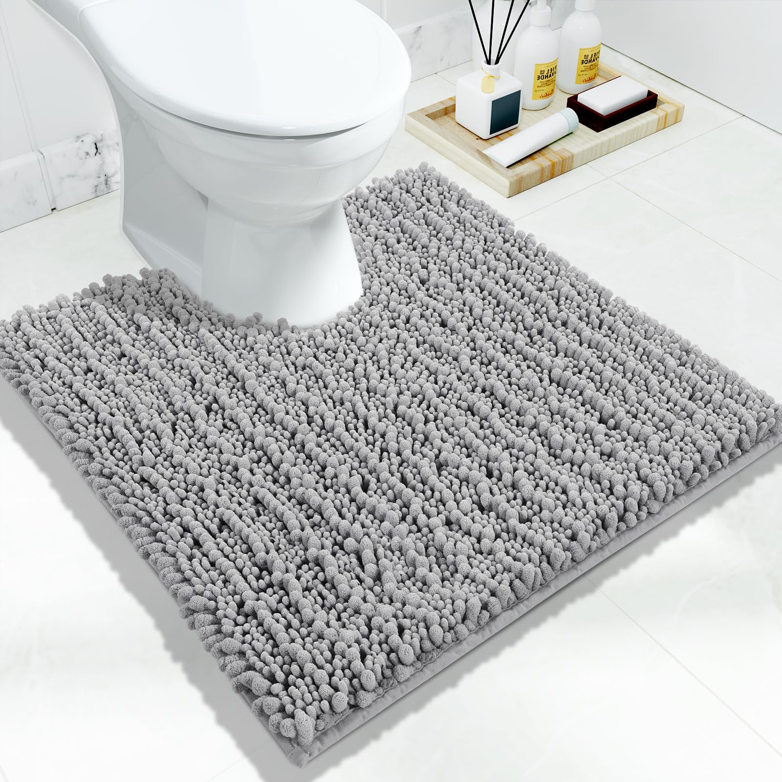 Photo 1 of Yimobra Toilet Rug U Shaped Washable 24x20 Inch - Ultra Soft Absorbent Chenille Bath Rugs for Toilet, Quick Dry & Machine Washable, Non Slip Contour Bathroom Mat, Gray