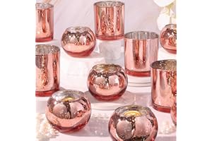 LAMORGIFT 10 Pcs Assorted Rose Gold Candle Holders, Larger Size Mercury Glass Votives for Wedding, Rose Gold Birthday Decorations, Votive Candle Holders for Valentines/Bridal Shower/Sweet 16 Party Favors