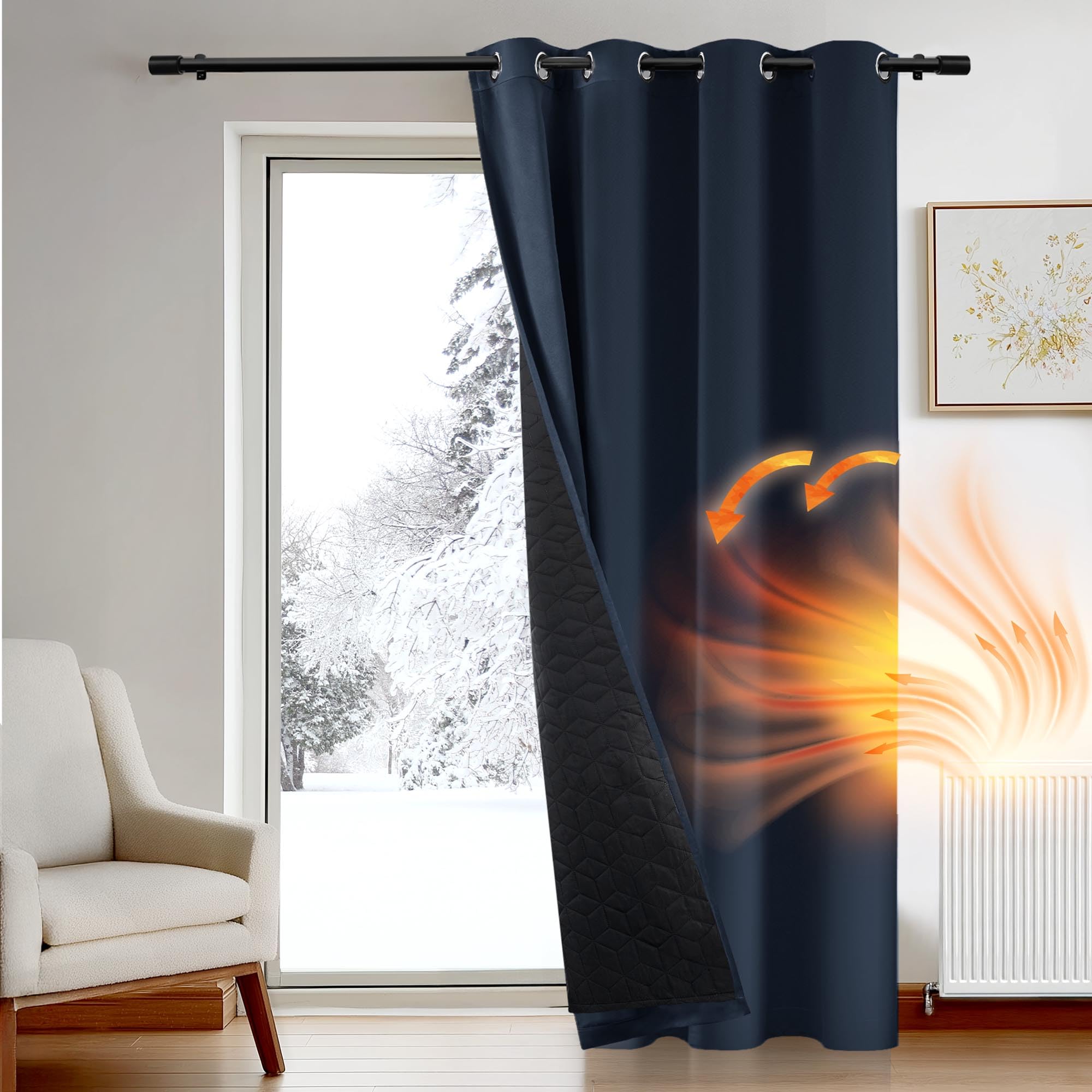 Deconovo Door Curtains Thermal Draught Reduction, Window Panel with Thick Microfiber Lining, Energy Saving Eyelet Blackout Curtain for Living Room, 52 x 90 Inch (W x H), Navy Blue, 1 Piece