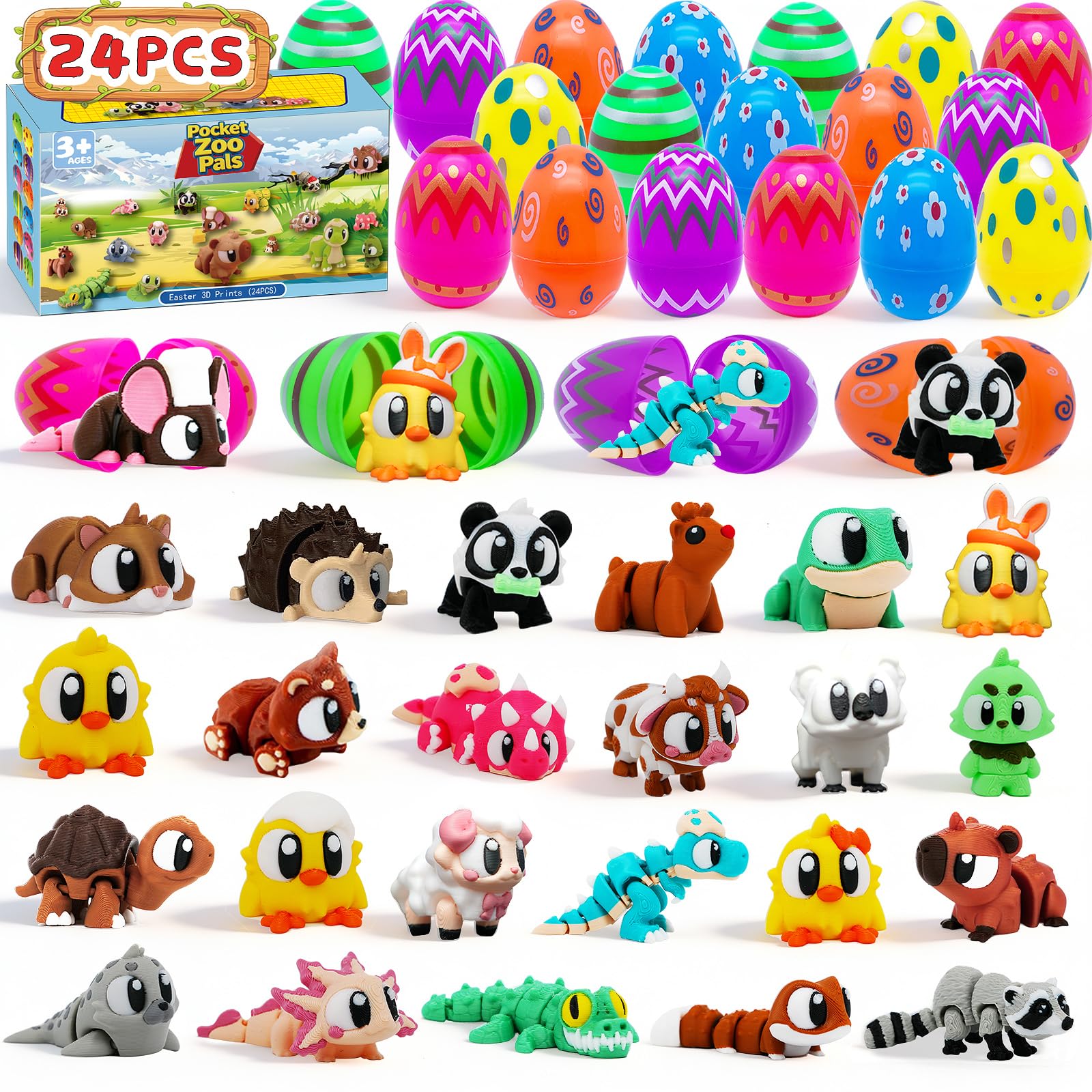 24 Pack Prefilled Easter Eggs with 3D Printed Animal Toys for Kids - Plastic Easter Eggs Filled with Cute Animal Figures, Basket Stuffers, Egg Hunt Fillers, Party Favors, Classroom Prizes, Goodie Bag