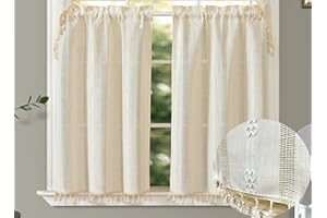 GOHD GOLDEN OCEAN HOME DECOR GOHD Country Road Tiers Kitchen Curtains Boho Jacquard Stripe Tassel Bathroom Window Curtain 3 Size, 100% Polyester(36in,Beige)