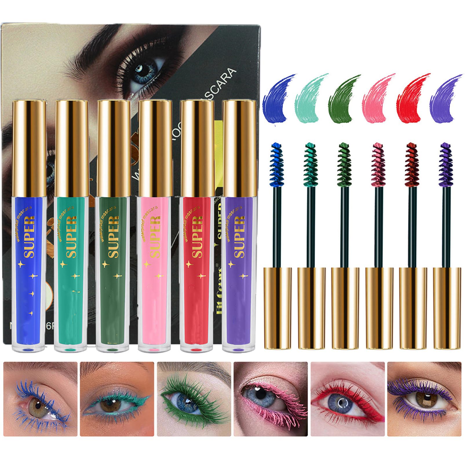 6Pcs Colour Mascara Set - Colored Colorful Waterproof Mascara for Eyelashes Set - Blue Green Cyan Pink Red Purple Long lasting Charming Voluminous Eye lash Halloween Xmas Make Up Gift
