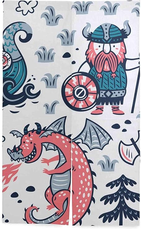 Amazon のれん 暖簾 シームレスパターンバイキングドラゴン船 北欧デザイナー 高気密 ナチュラル 高断熱 暖簾分け 四季兼用 キッチン用 のれん オンライン通販