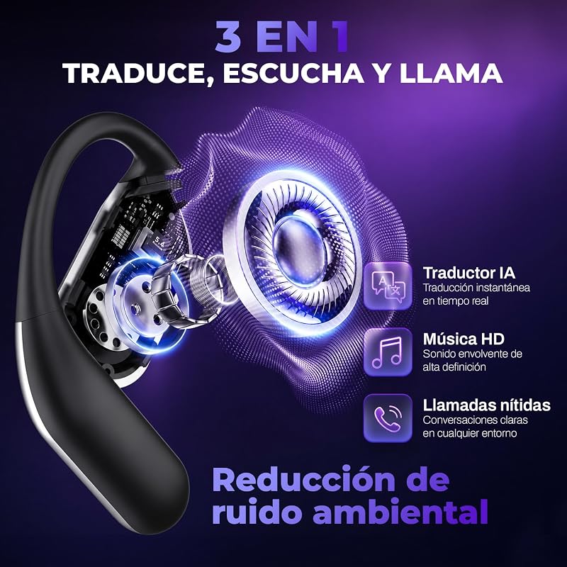 IA Auriculares Traductor en Tiempo Real, Traductor instantaneo de Voz 144 Idiomas, 3 en 1, Auriculares traductores inalambricos, Bluetooth 6.1, 60h bateria — foto 7 de 8