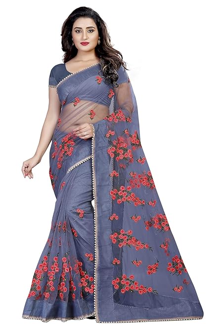 net with blouse piece Saree (1199- Grey_free)