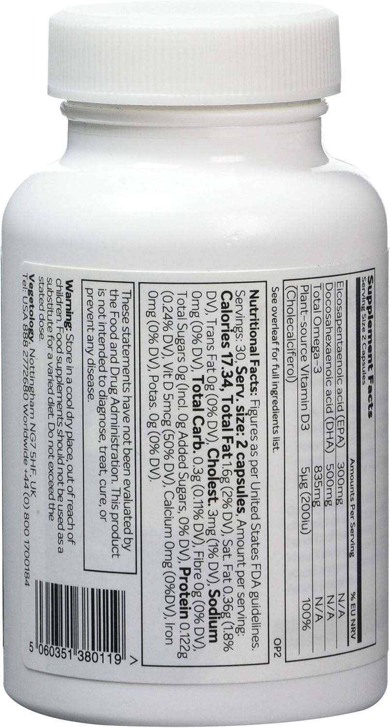 Vegetology, Vegan Omega 3 Capsules High Strength, 800mg of EPA DHA from Algae Oil, with Added Vitamin D3, Supports Heart - Image 3