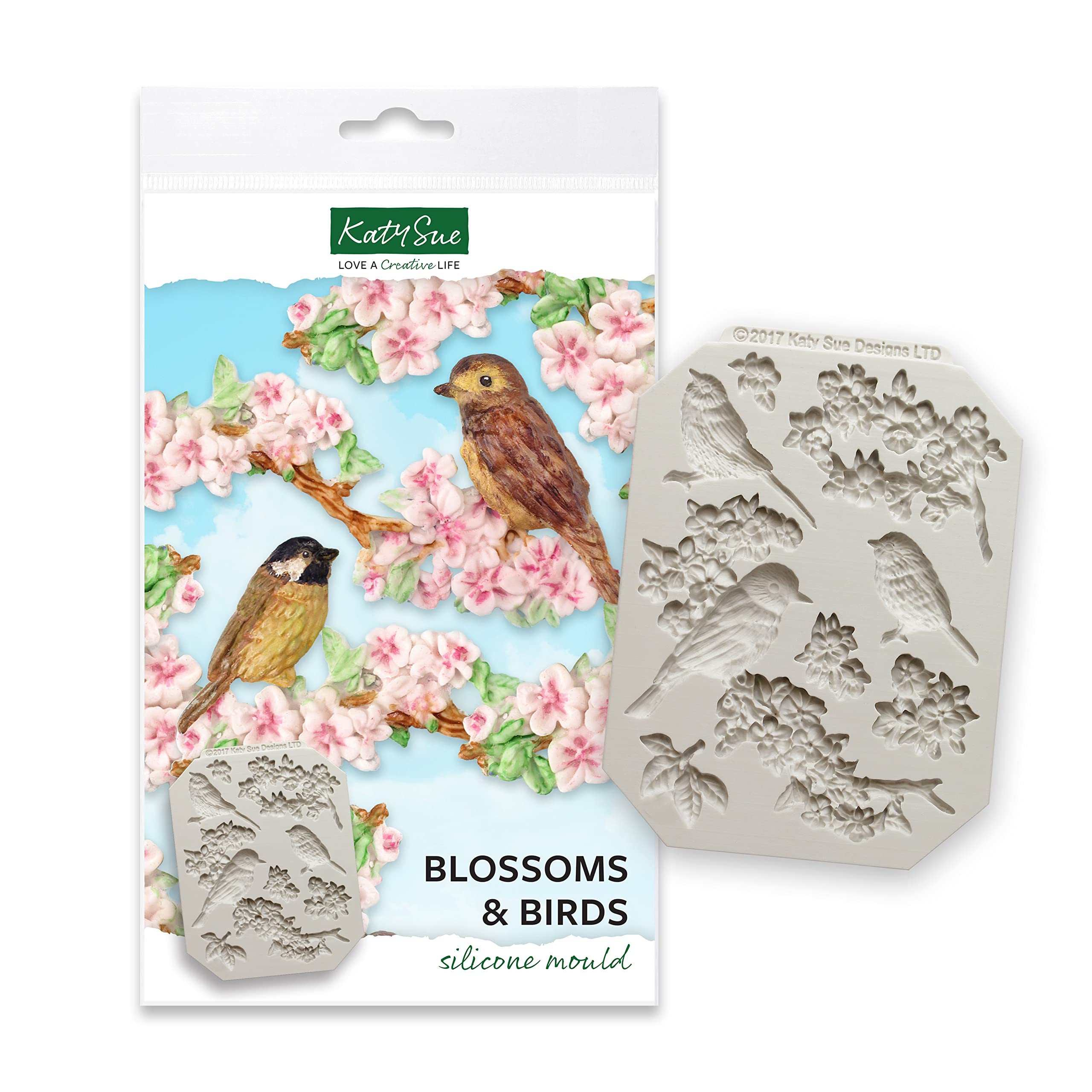 Katy Sue Blossoms & Birds Silicone Mould for Cake Decorating & Craft. Makes Bas Relief Birds (25 Millimetres in Height), Blossom & Branches. Use with Fondant, Sugar Paste & Air Dry Clay - UK Made