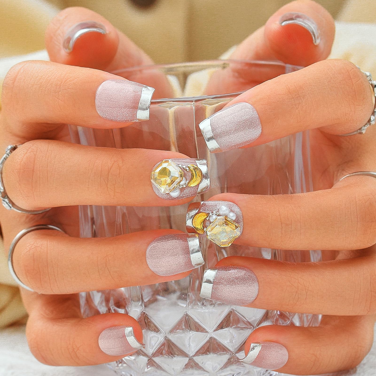 Sethexy Short Coffin Handmade False Nails - Glitter, Sliver French Tip, Rhinestone Press on Nails Women Salon Stick on Nails 10PCS â image 1