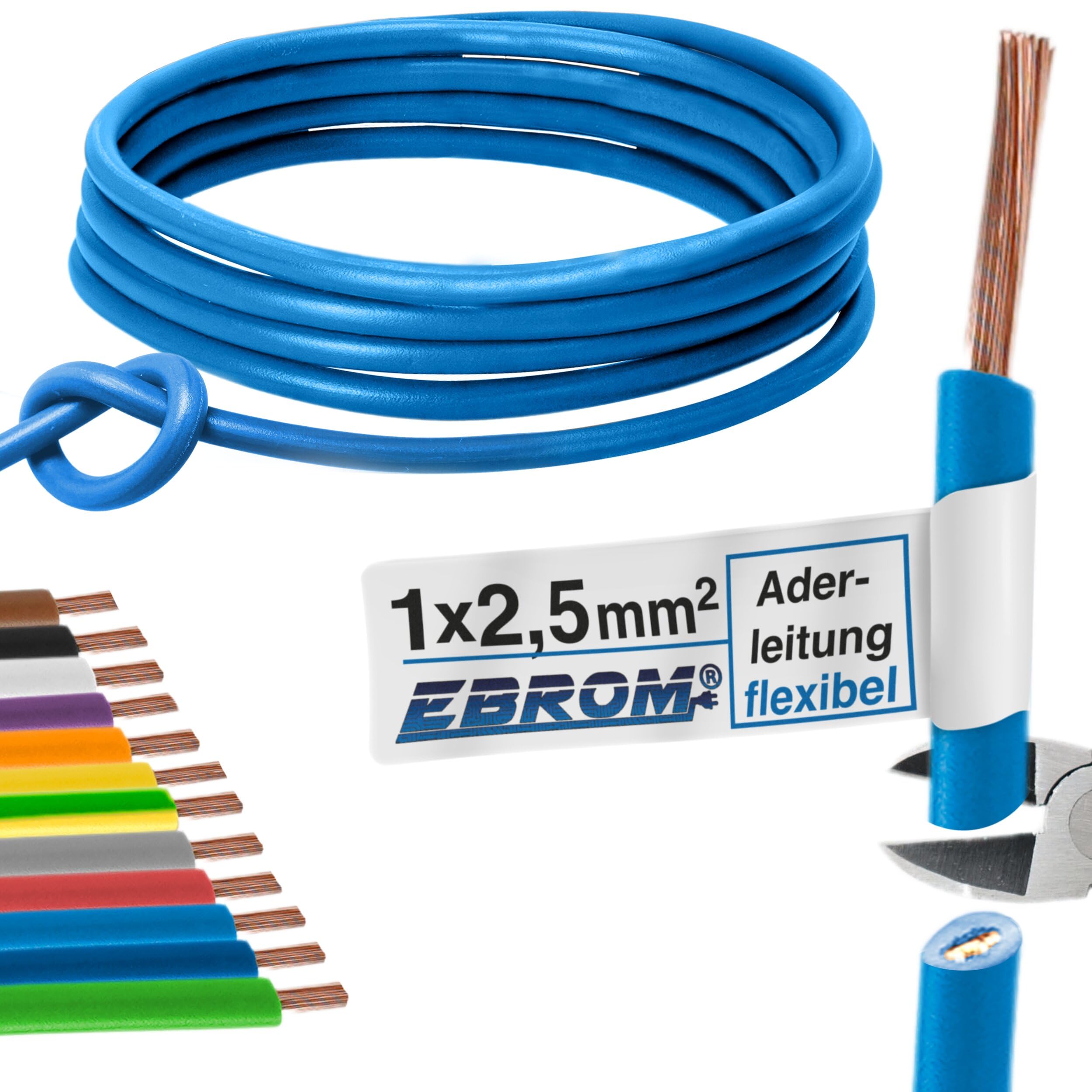 Core Cable Wiring Cable – Single Core Flexible – PVC Cable – H07V-K 2.5 mm² – Colour: Light Blue – Many Lengths Available in 5 Metre Increments, Length: 10 m 2.5 mm²