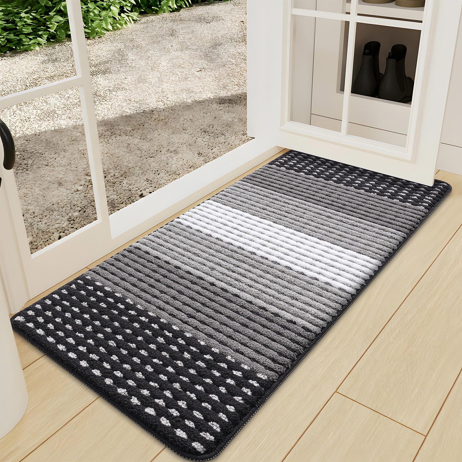 Kitinjoy Indoor Outdoor Door Mat, 47x24 Non-Slip Absorbent Dirt Trapper, Low-Profile Washable Inside Entrance Front Floor Mat, Sturdy Soft Entry Dotted Ombre Doormats for Entryway, Grey Image
