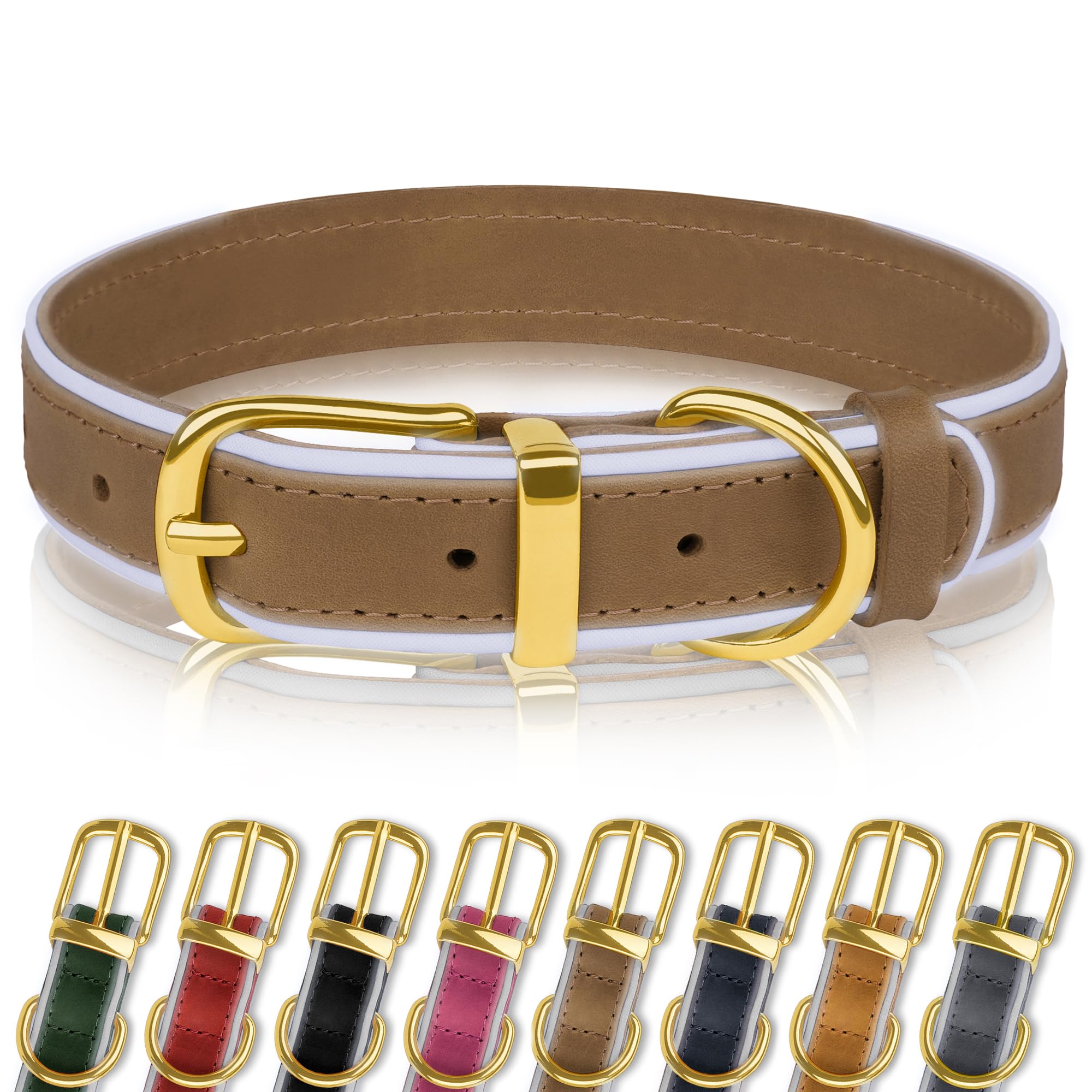 OOPSDOGGY Reflective Geniune Leather Dog Collar Soft Padded Collars for Small Medium Large Breed Dogs Puppy, 4 Sizes, 8 Colors (Brown, 12"-15")