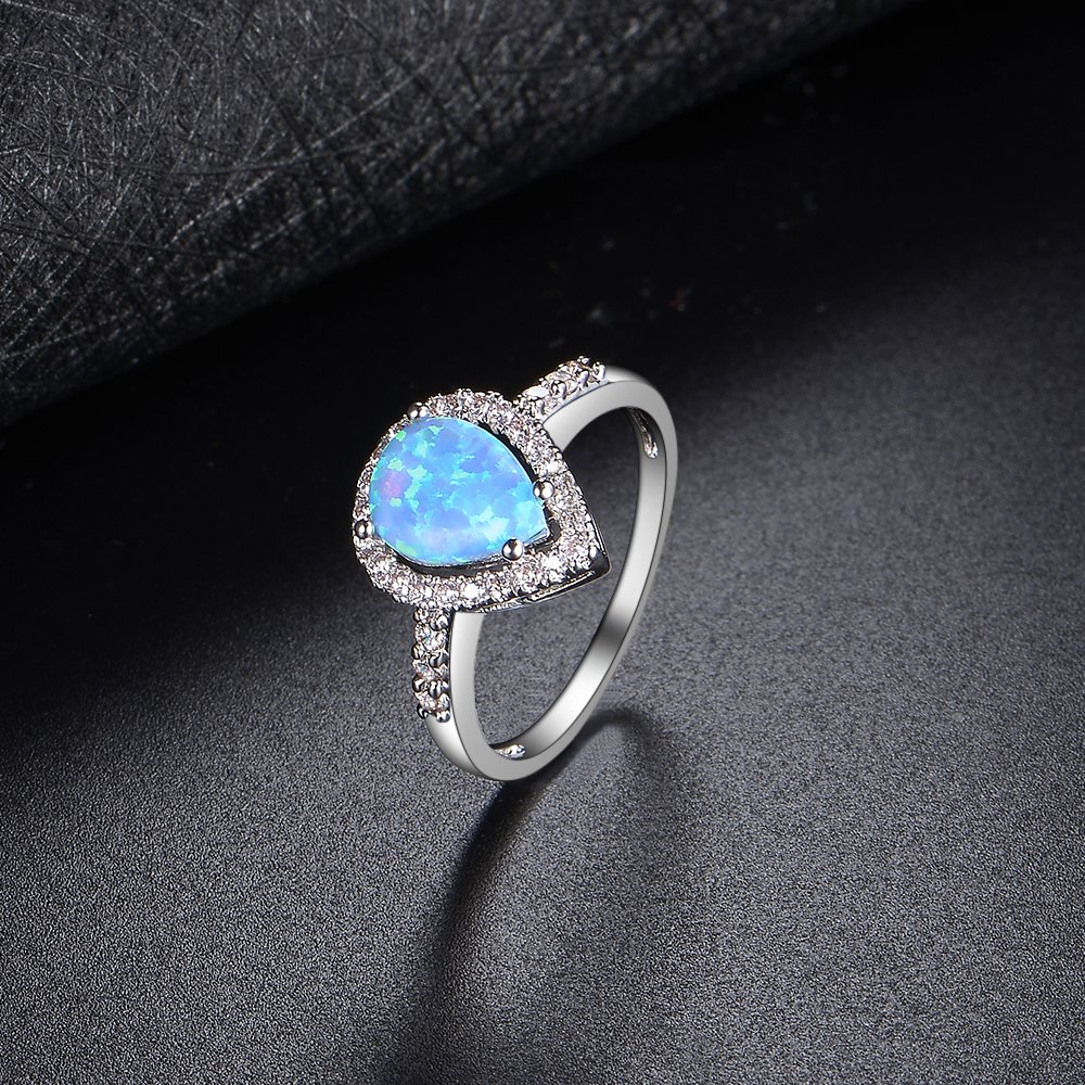 Dnswez Teardrop CZ Cubic Zirconia Blue Fire Opal Ring Silver Statement Band Ring(8)