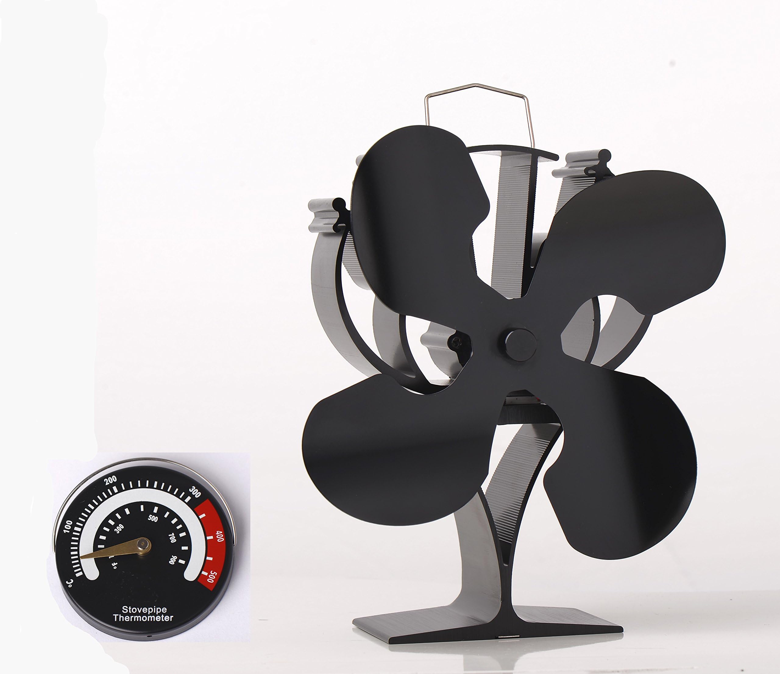 Currentless Fan for Fireplaces and Wood-Burning Ovens - Powered by Heat - Stove Fan + IncludesMagnet Thermometer