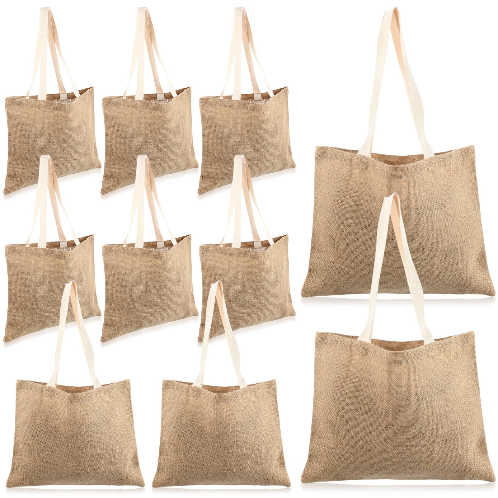 Photo 1 of Yoojahow 10 Pack Natural Jute Tote Bags with Handles Large Reusable Burlap Totes Blank Tote Sacks Grocery Bags for Webbing Bridesmaid Business Gift Travel Shopping Art DIY Crafts Bags