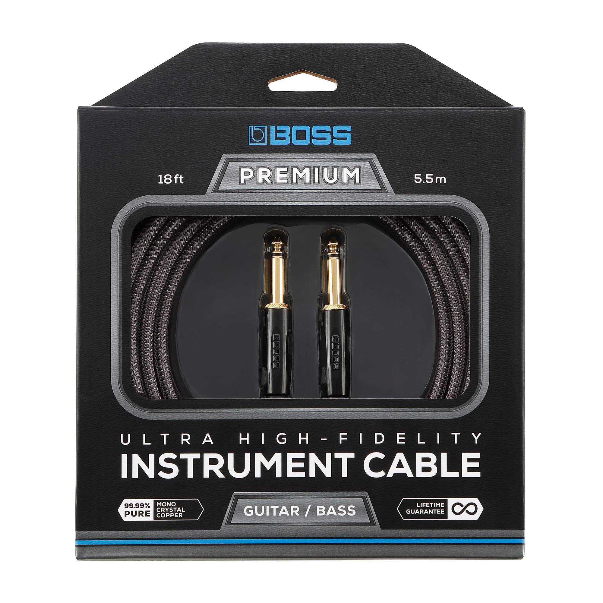 BOSS BIC-P18 Ultra High-Fidelity Instrument Cable – 18ft / 5.5m – Straight to Straight 1/4" 24K Gold Connectors – For Guitar and Bass giving Superior Tone, Noise Reduction and Lasting Durability