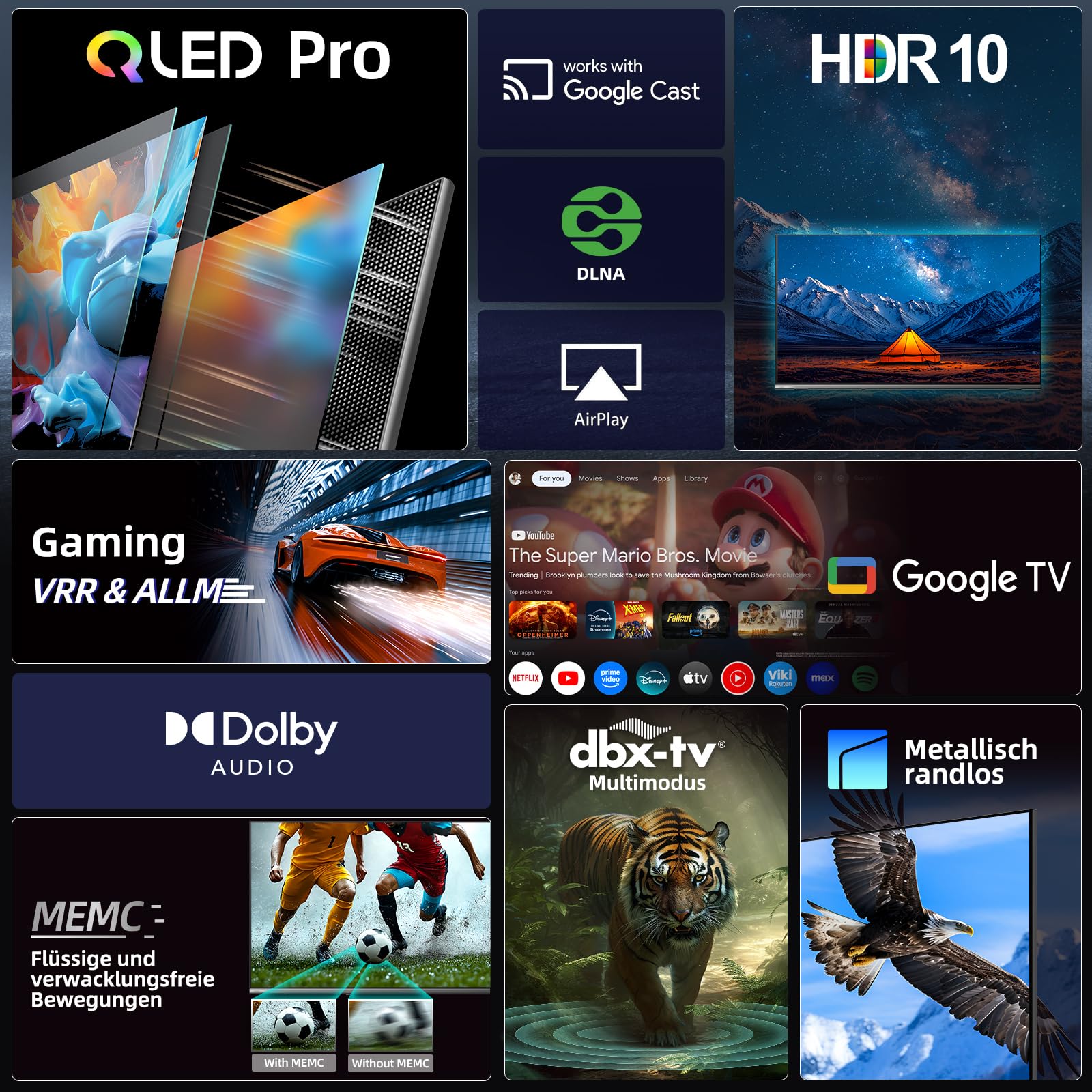 CHIQ 55QA10 55 Zoll (140 cm) 4K Ultra HD QLED Smart Google TV, HDR10,DLG 120Hz*(Software-Enhanced), mit VRR&ALLM, Dolby Audio, Chromecast, Kompatibel mit Apple AirPlay, Integrierter Google Assistant 3