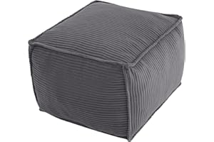 MeMoreCool Square Stuffed Pouf Ottoman Foot Rest, Corduroy Floor Pouf Foot Stool with Foam Chunk Filling, Soft Stuffed Ottoman Footrest for Living Room, Dark Grey