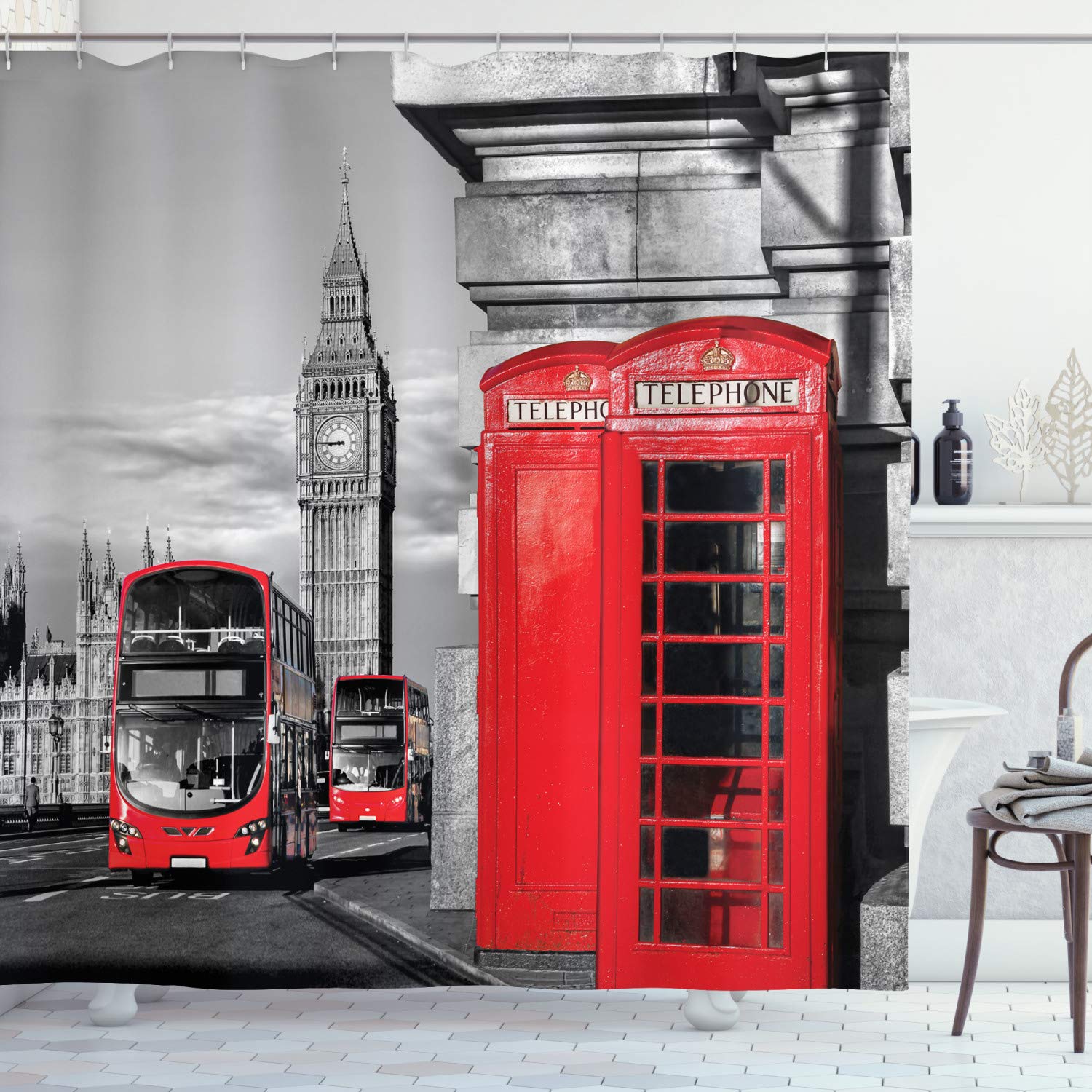 ABAKUHAUS London Shower Curtain, London Telephone Booth in The Street Traditional Local Cultural England UK Retro, Cloth Fabric Bathroom Decor Set with Hooks, 94" Inches, Grey Red