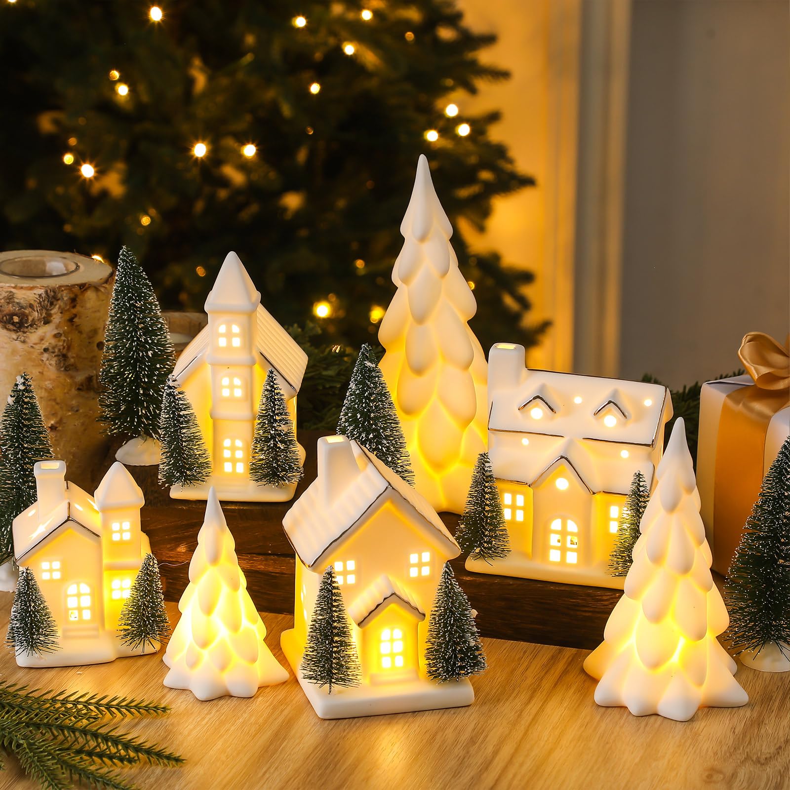 Photo 1 of Newtay 12 Pcs Lighted Ceramic White Christmas Village Houses Set Including 4 Ceramic Christmas Village Houses 3 Porcelain Tree and 5 Sisal Tree for Home Decoration, Winter Holiday DIY, Gift