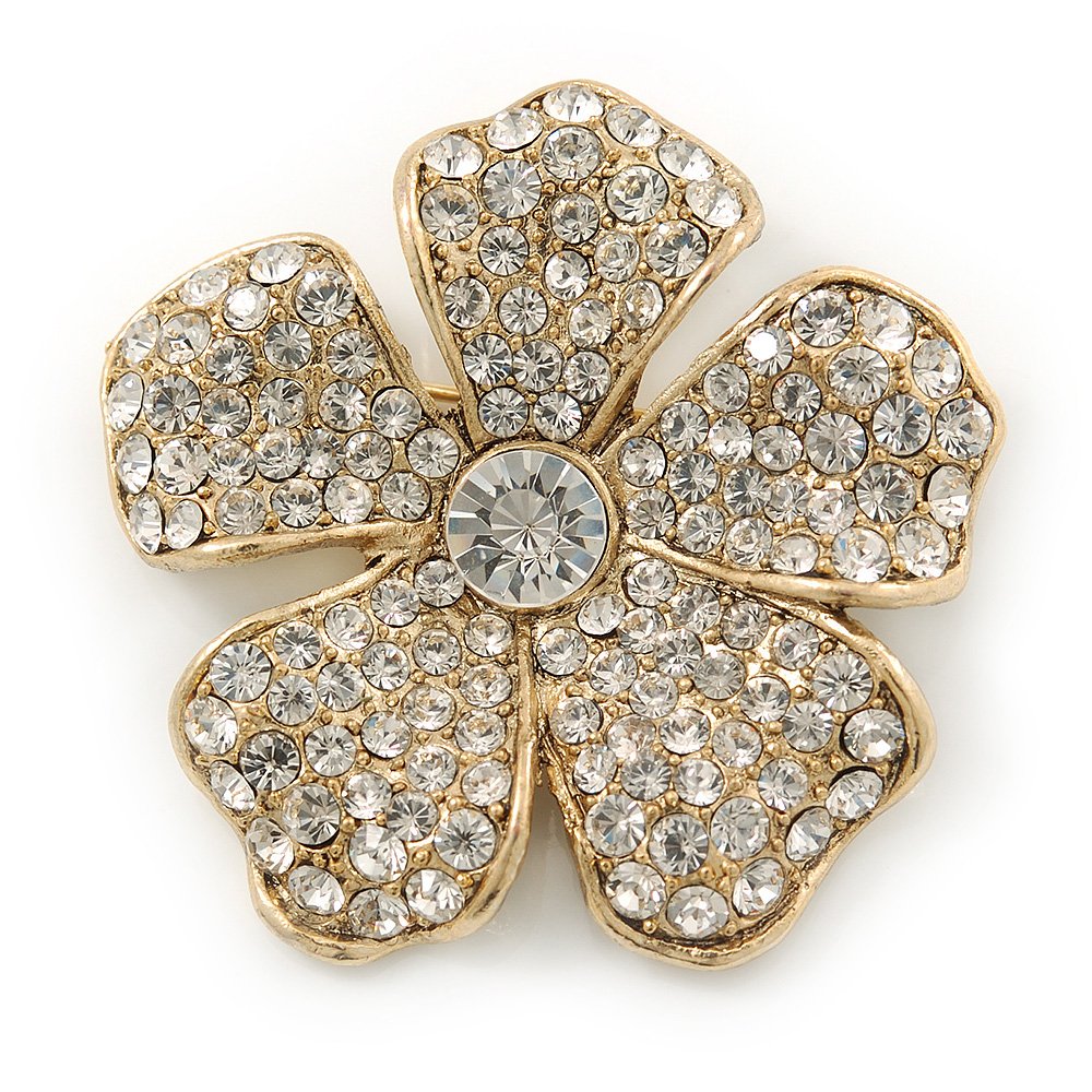 Gold Plated Clear Diamante 'Flower' Brooch - 45mm Across