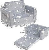 BEJOY Kids Sofa Bed 2-in-1 Grey with Stars Flannel Cuddly Toddler Couch view 3