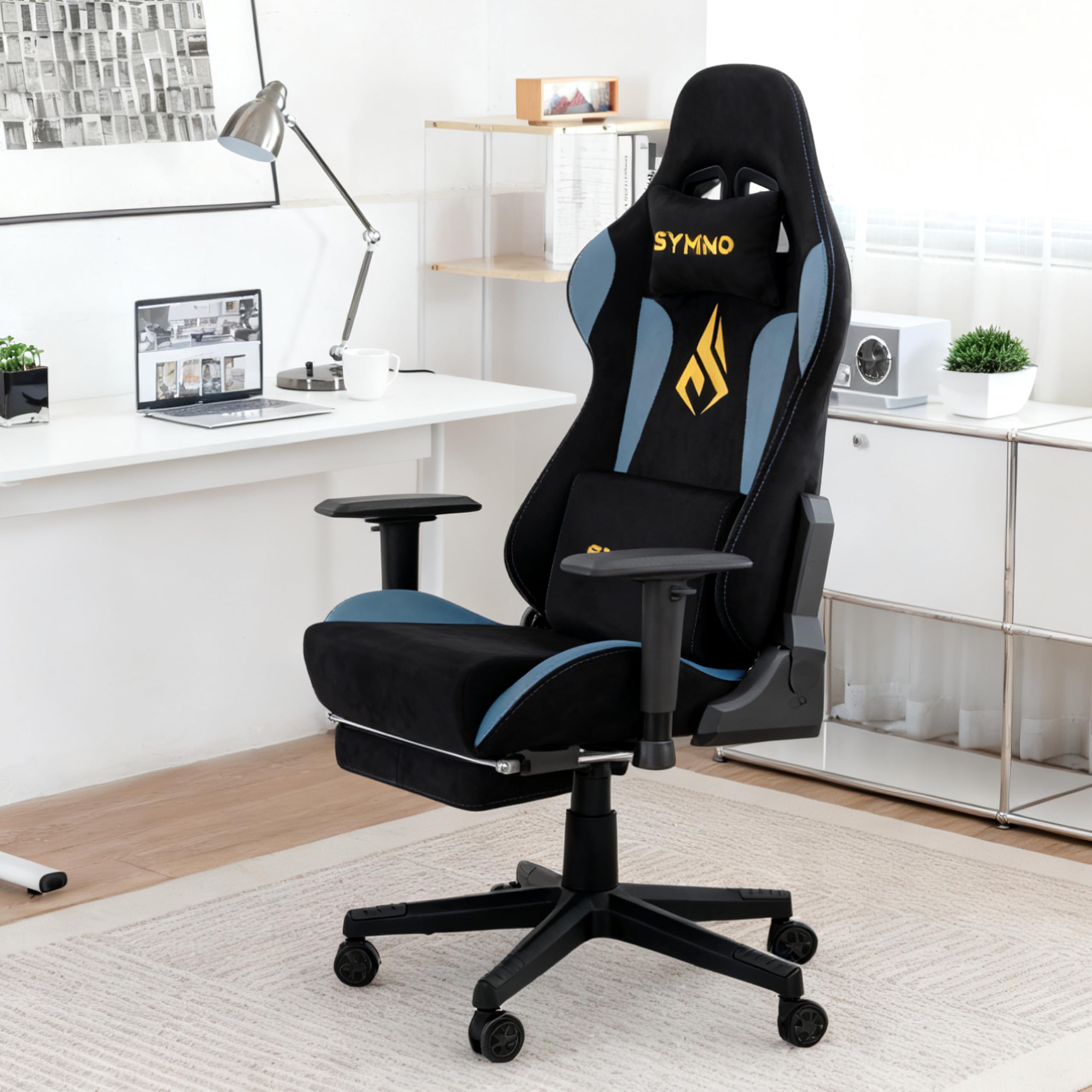 Symino Gaming Chair With Footrest Uk - Construction Detail Showing Faux Suede Upholstery And Steel Frame