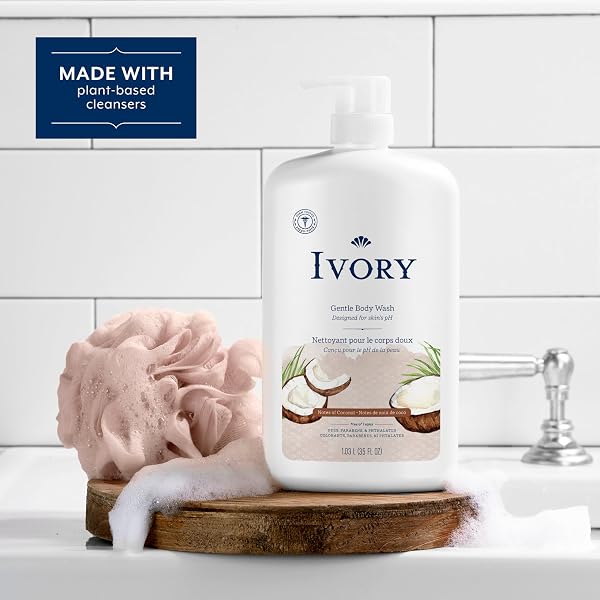 IVORY BODY WASH, DESIGNED FOR THE WHOLE FAMILY, GENTLE FORMULA, FREE OF DYES HEAVY PERFUMES PARABENS PHTHALATES & SILICONES, COCONUT SCENT, 35 OZ