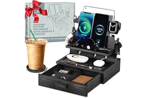 PARKWAY HOME Black Wood Phone Docking Station for up to 3 Phones - Nightstand Organizer with Drawer for Valuables for Men & Women, Compatible With Apple Watch, Holds Phones, Tablets, Keys, Rings, Glasses, EDC