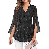 VALOLIA Women's 3/4 Sleeve Floral Tunic Tops V Neck Double Layers Loose Fit Mesh Blouses Shirt