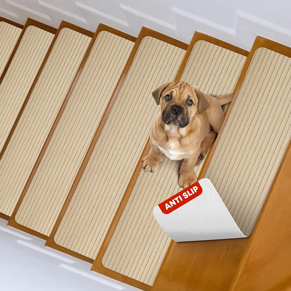 MBIGM 8 x 25.6 Inch Non-Slip Carpet Stair Treads 15-Pack Camel