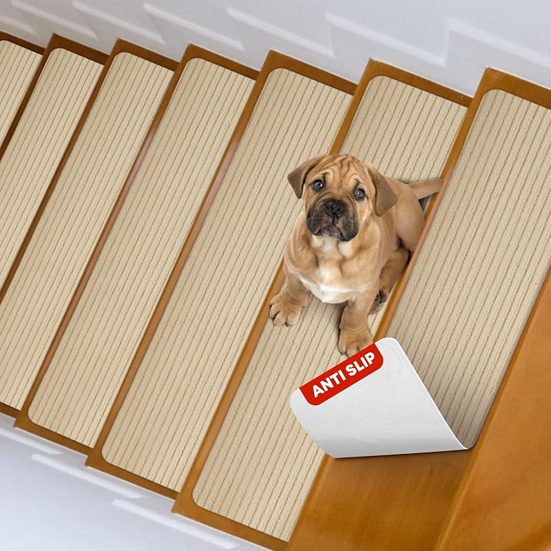 MBIGM 8 x 25.6 Inch Non-Slip Carpet Stair Treads 15-Pack Camel